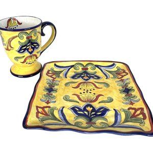 New Maxcera Yellow Talavera Ceramic Large Footed Mug And Square Salad Plate 9 IN
